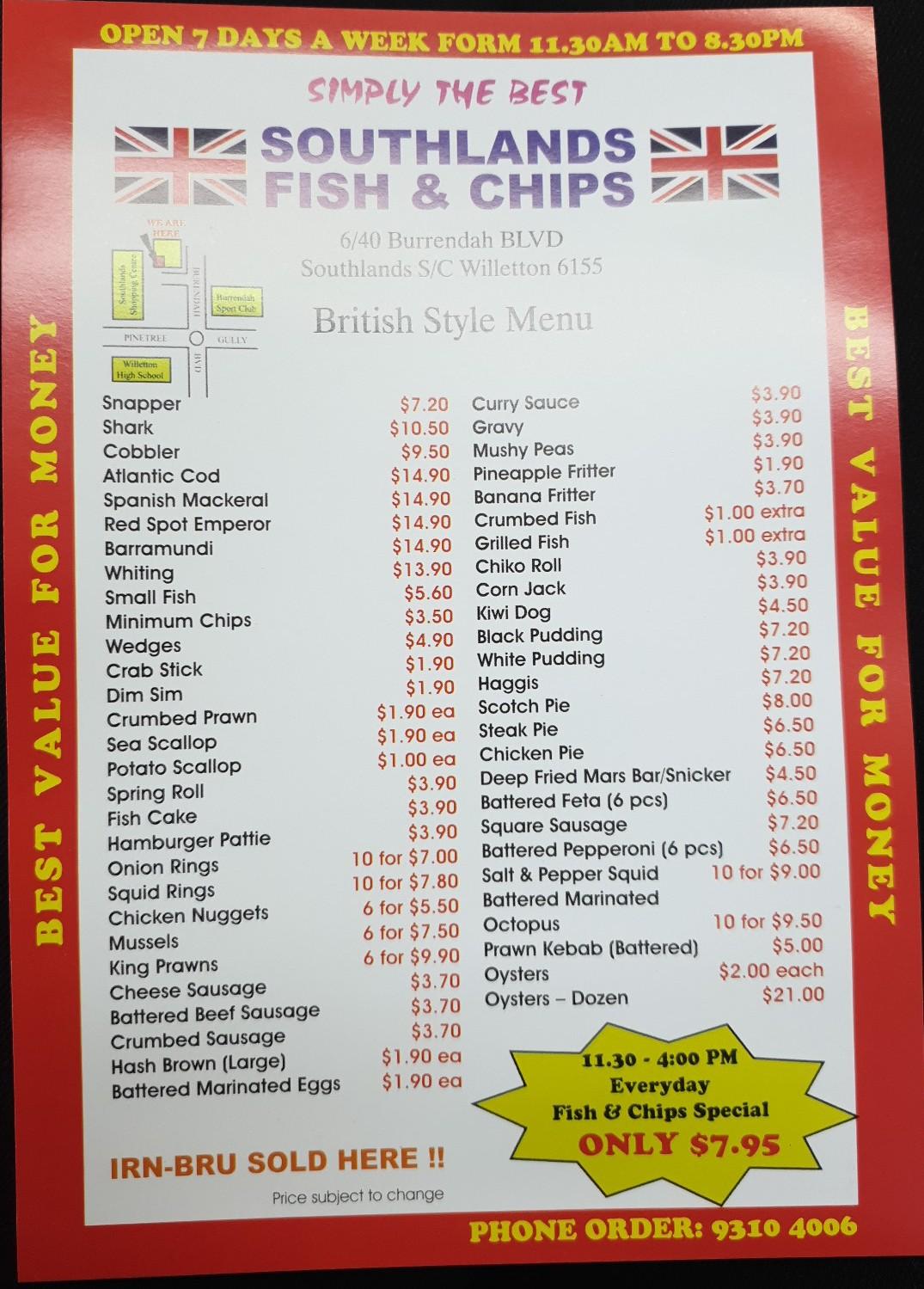 Menu at Southlands Fish & Chips fast food, Willetton