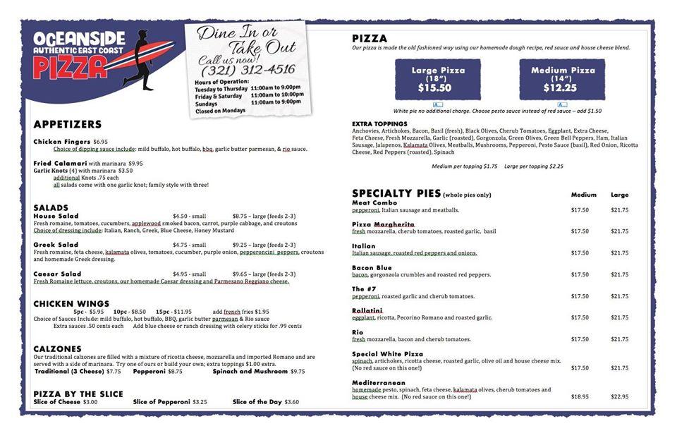 Menu at Oceanside Pizza Melbourne Beach Florida pizzeria, Melbourne