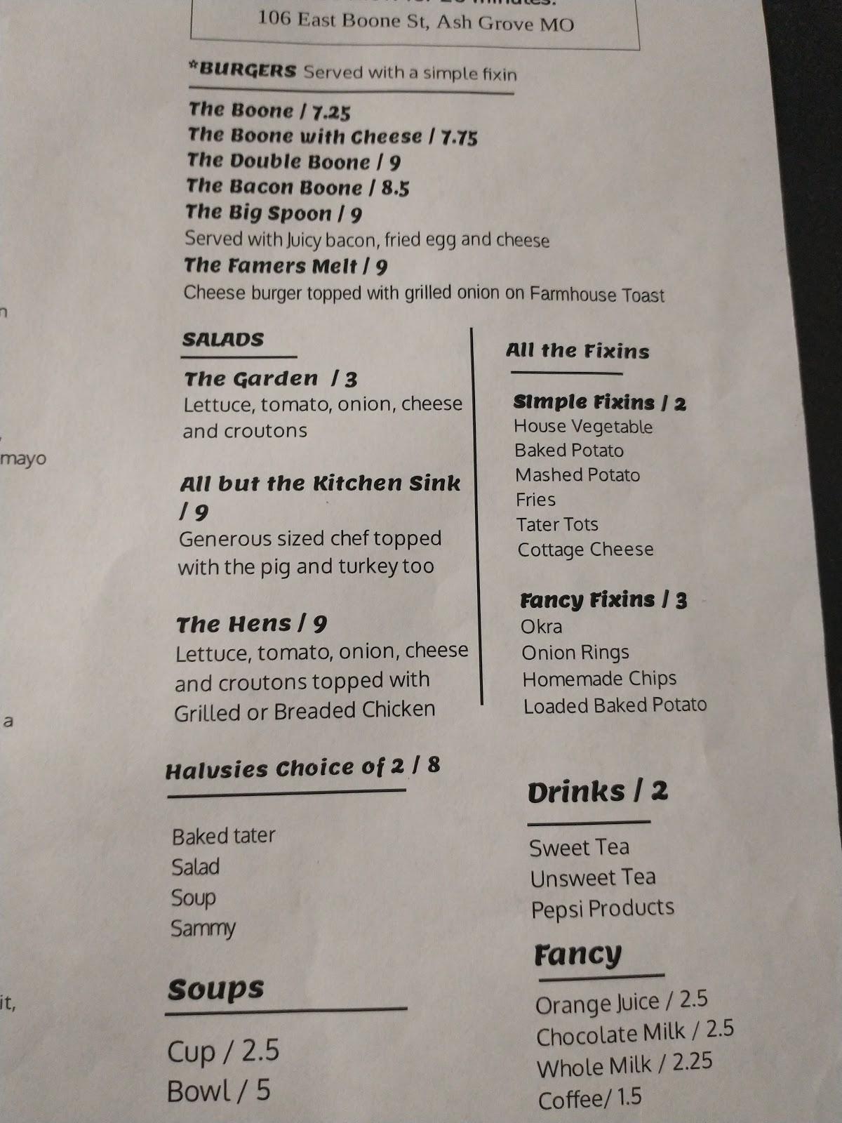 Menu at The Farmhouse on Boone Cafe, Ash Grove