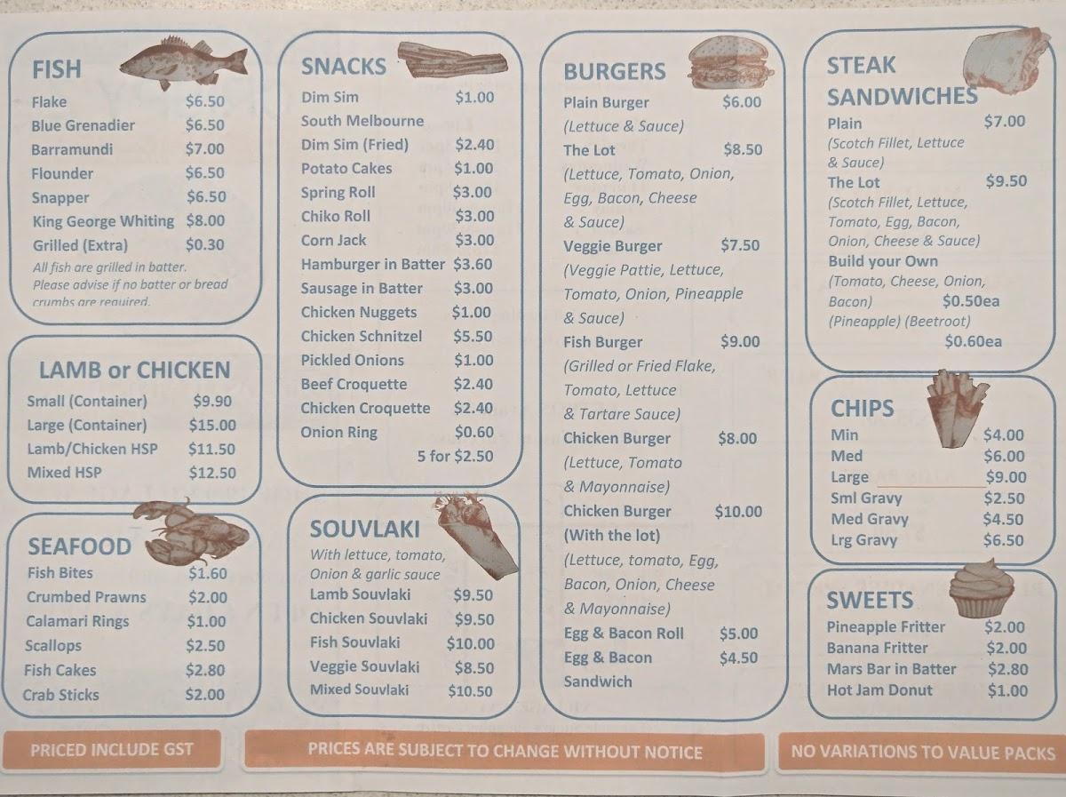 Menu at Crispy'z fish and chips restaurant, Pakenham