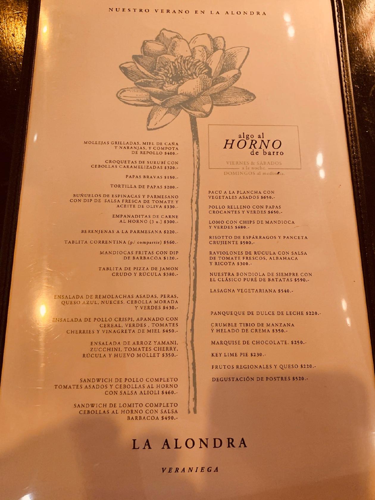 Carta del restaurante La Alondra Casa del Huéspedes, Corrientes