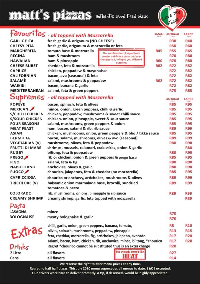 Menu at Matt's Pizzas pizzeria, Cape Town, Shop 6 Graanendal Shopping ...
