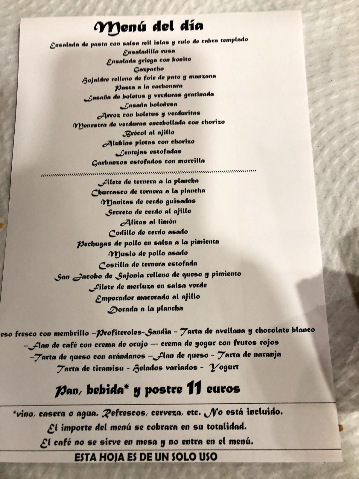 Menu at Mesón La Piedra restaurant, Burgos