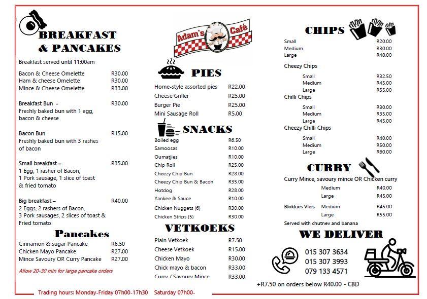 Menu at Adam's Cafe & Takeaways, Tzaneen