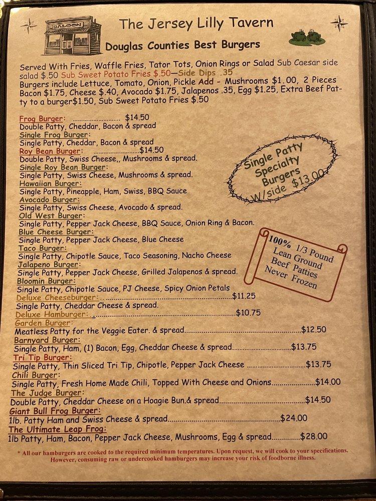 Menu at Jersey Lilly pub & bar, Roseburg