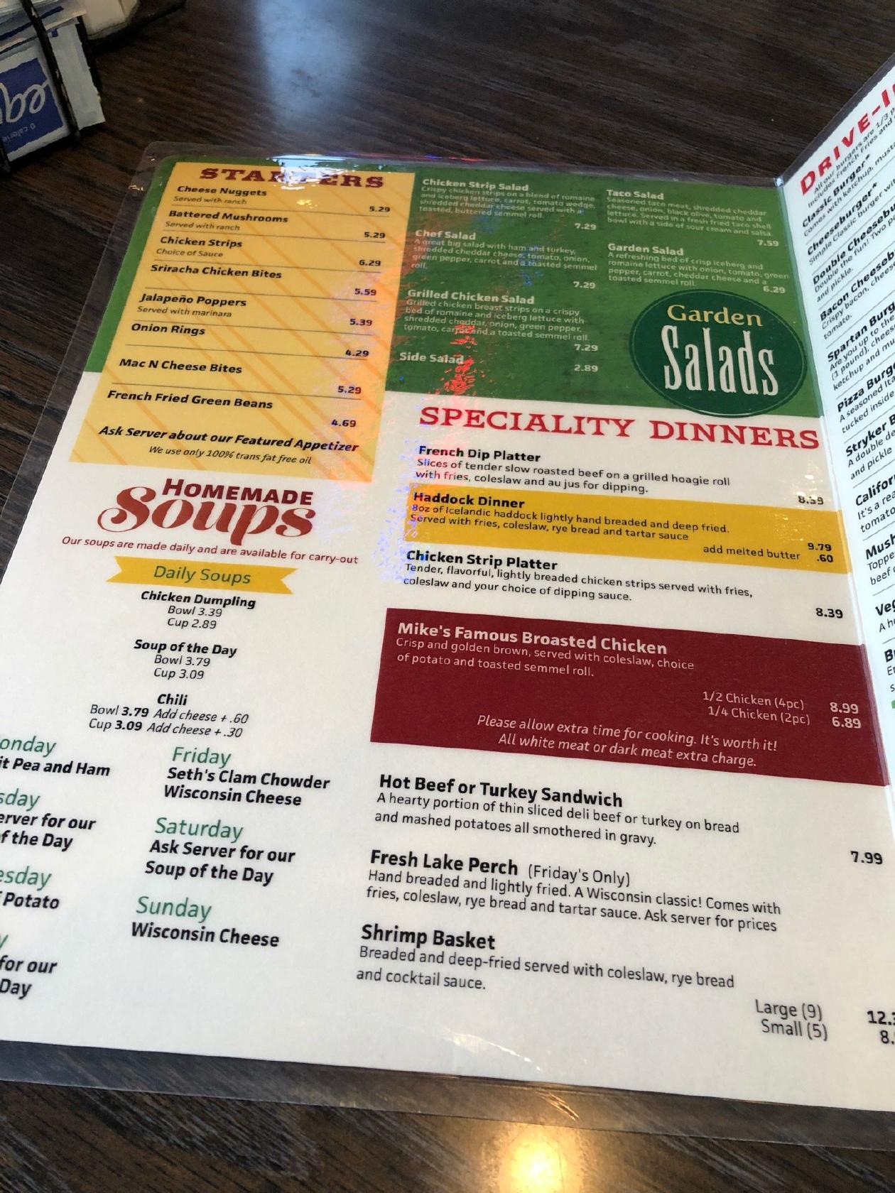 Carta de Mike's Place Family Restaurant, Oshkosh