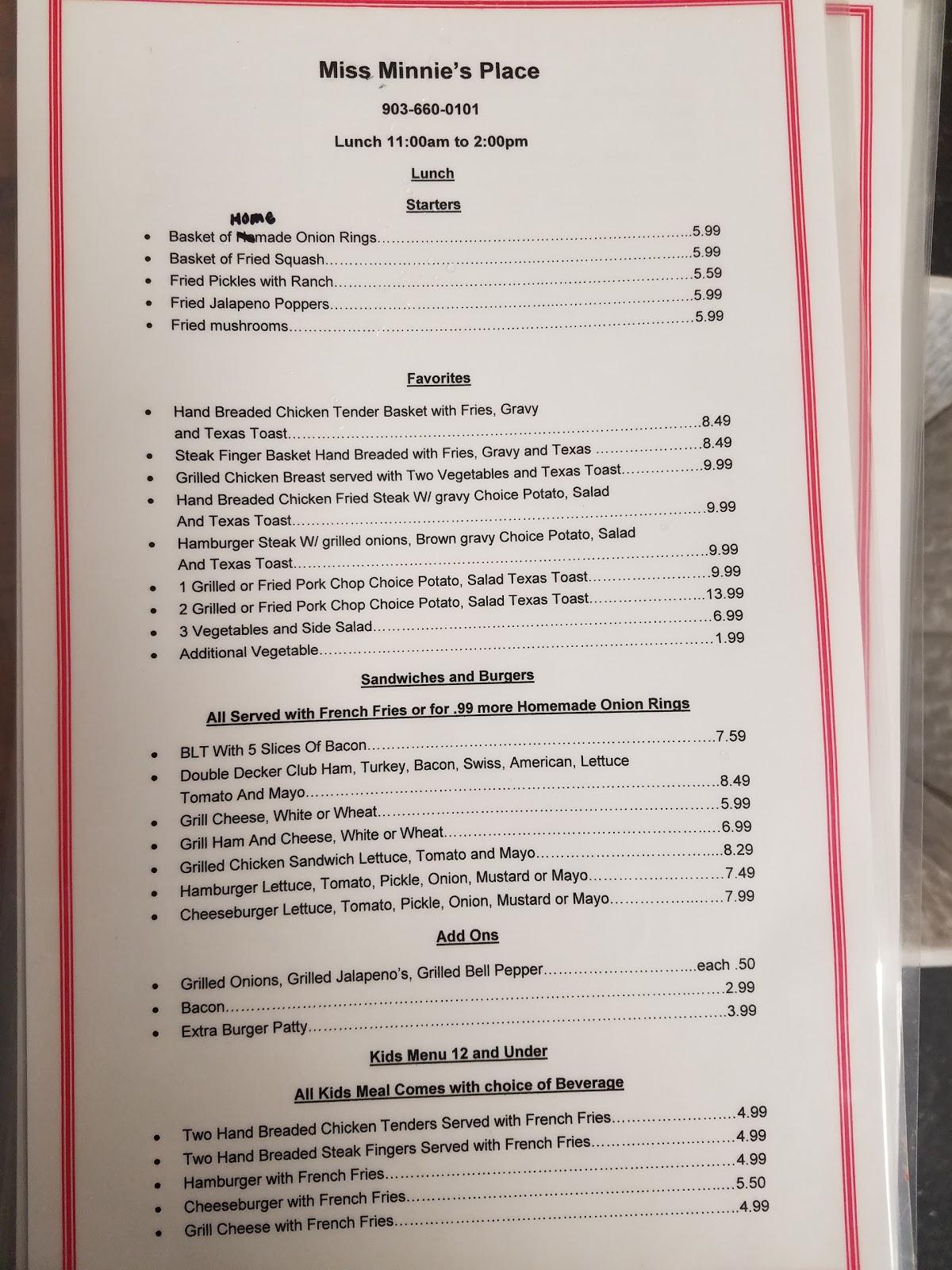 Menu at Miss Minnie's Place restaurant, Hallsville
