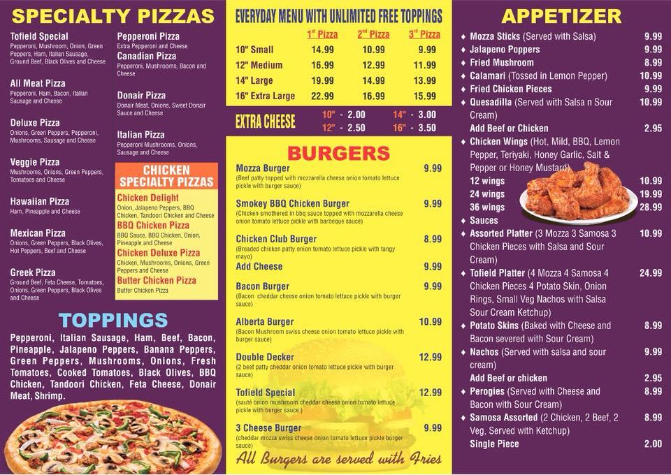 Carta del restaurante Tofield Pizza & Donair, Tofield