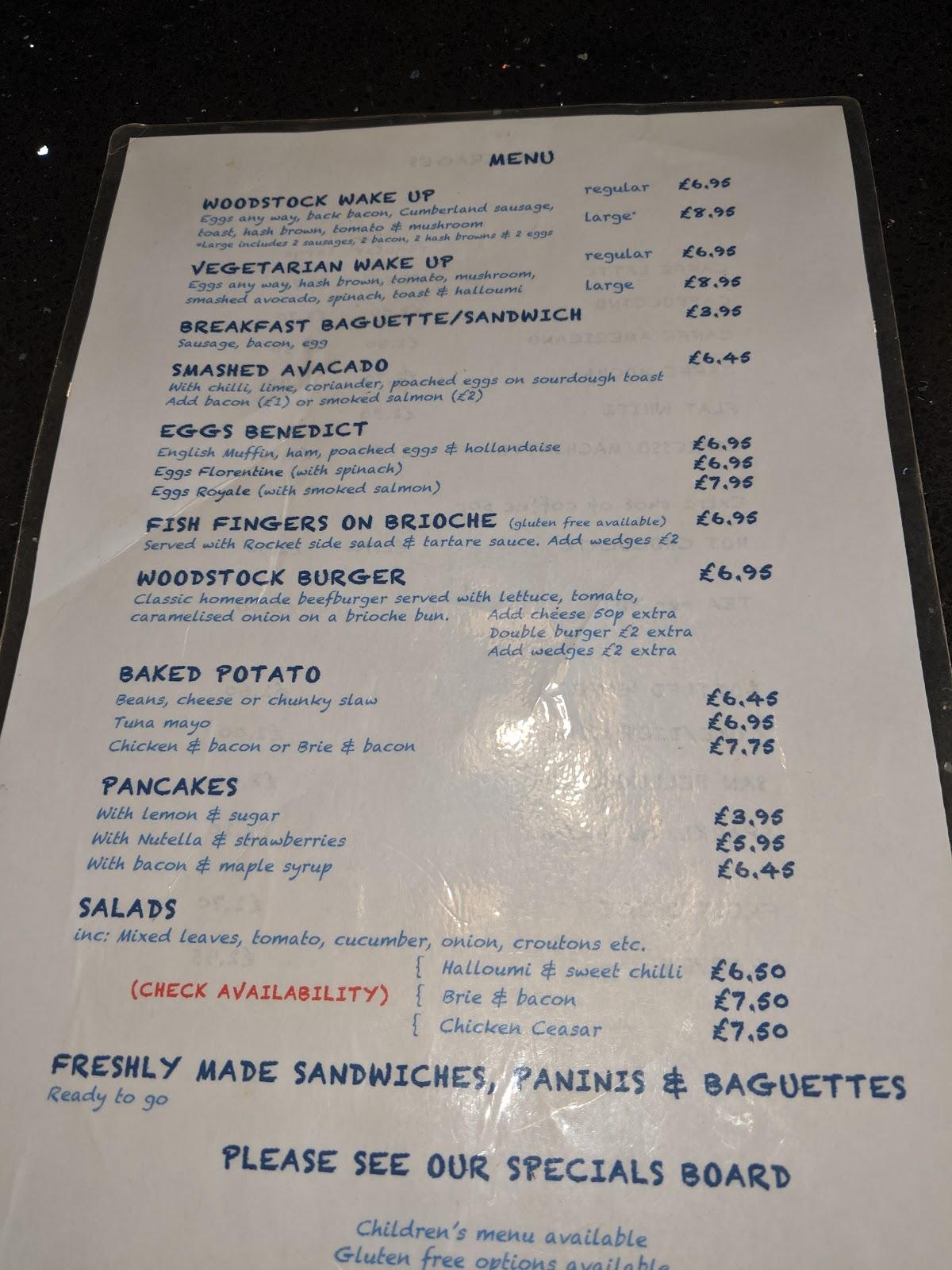 Menu at Woodstock Coffee Shop cafe, Maidstone