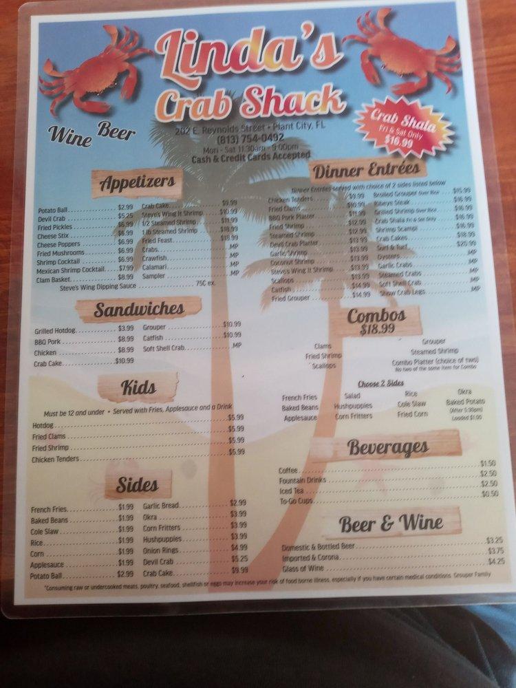 Menu at Linda's Crab Shack restaurant, Plant City