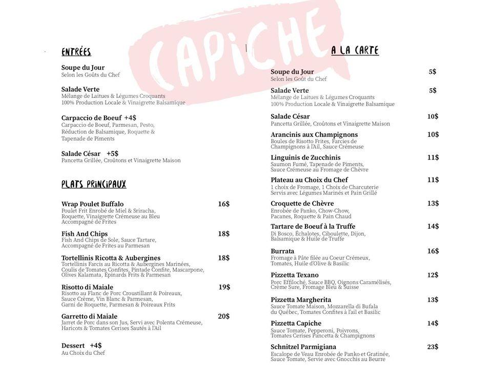Menu au Restaurant Capiche, Drummondville