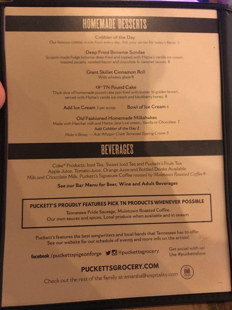 Menu at Puckett's Restaurant Pigeon Pigeon