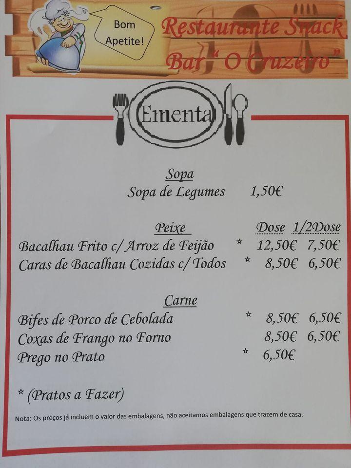 Menu Em O Cruzeiro Restaurante Aveiro