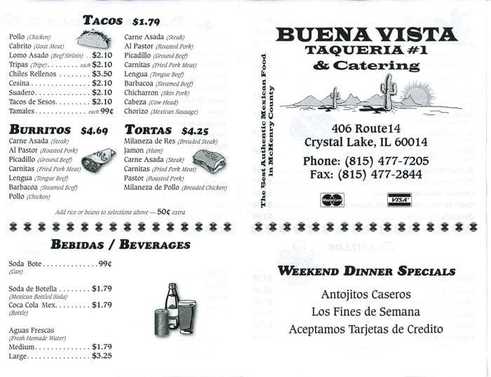 Menu at La Mexicana Buena Vista restaurant, Crystal Lake