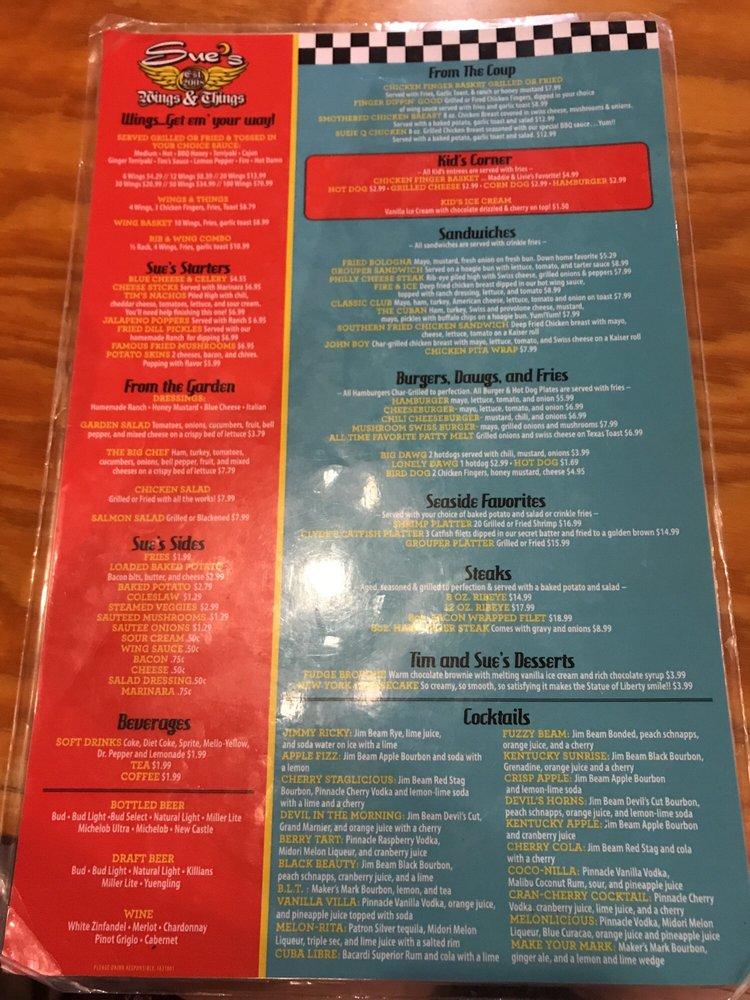 Menu at Sue's Wings & Things restaurant, USA