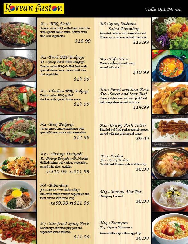 Menu at Korean Fusion restaurant, ChathamKent