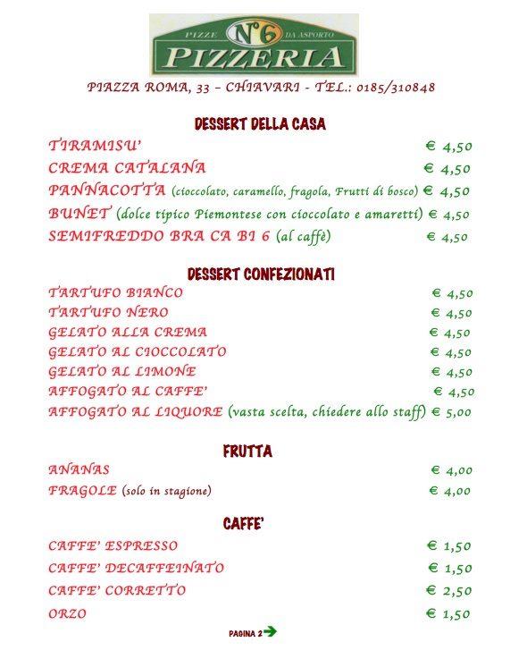 Speisekarte von Pizzeria N°6, Chiavari