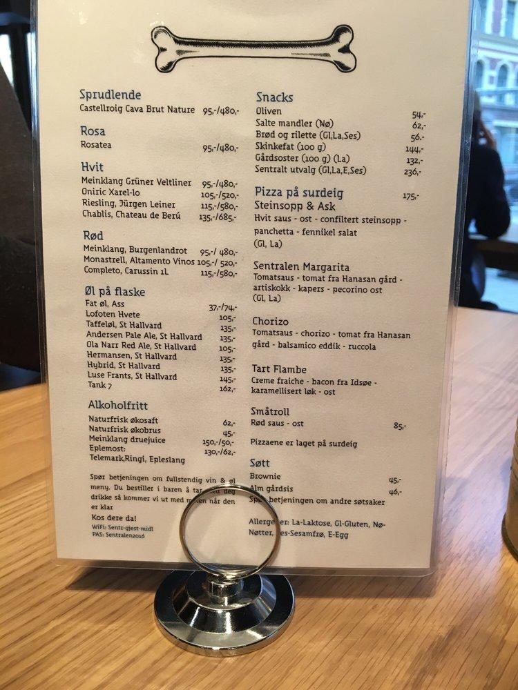 Menu at Sentralen restaurant, Oslo