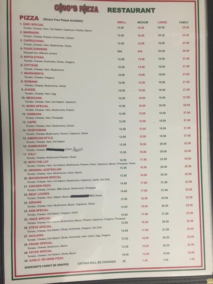 Menu at Gino's Pizza Restaurant, Lalor