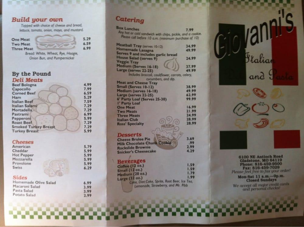 Menu at Giovanni's Italian Deli/Pasta restaurant, Gladstone