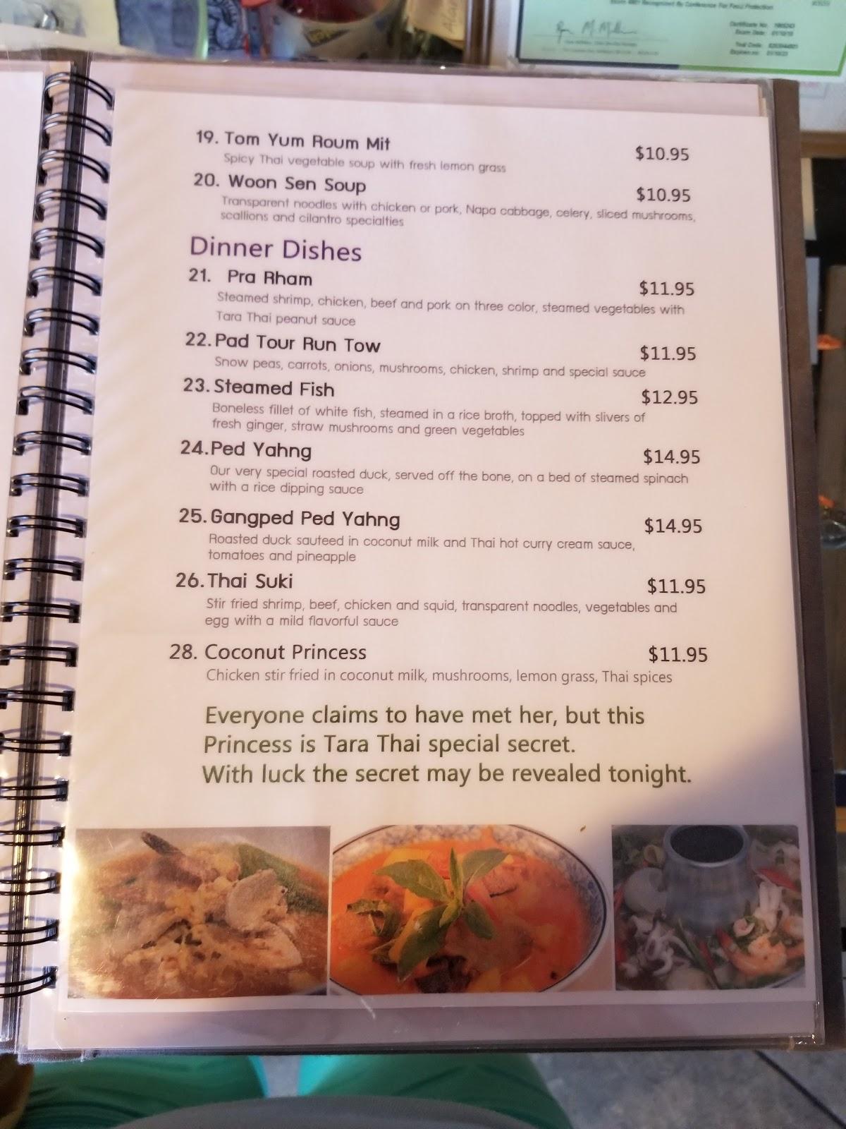 Menu at Thai Gardens restaurant, Lake Montezuma