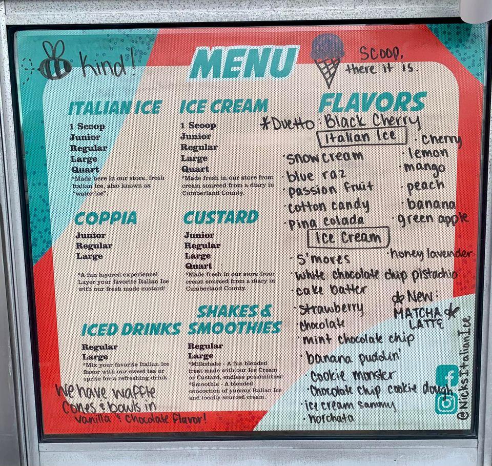 Menu at Nick's Italian Ice restaurant, Crossville