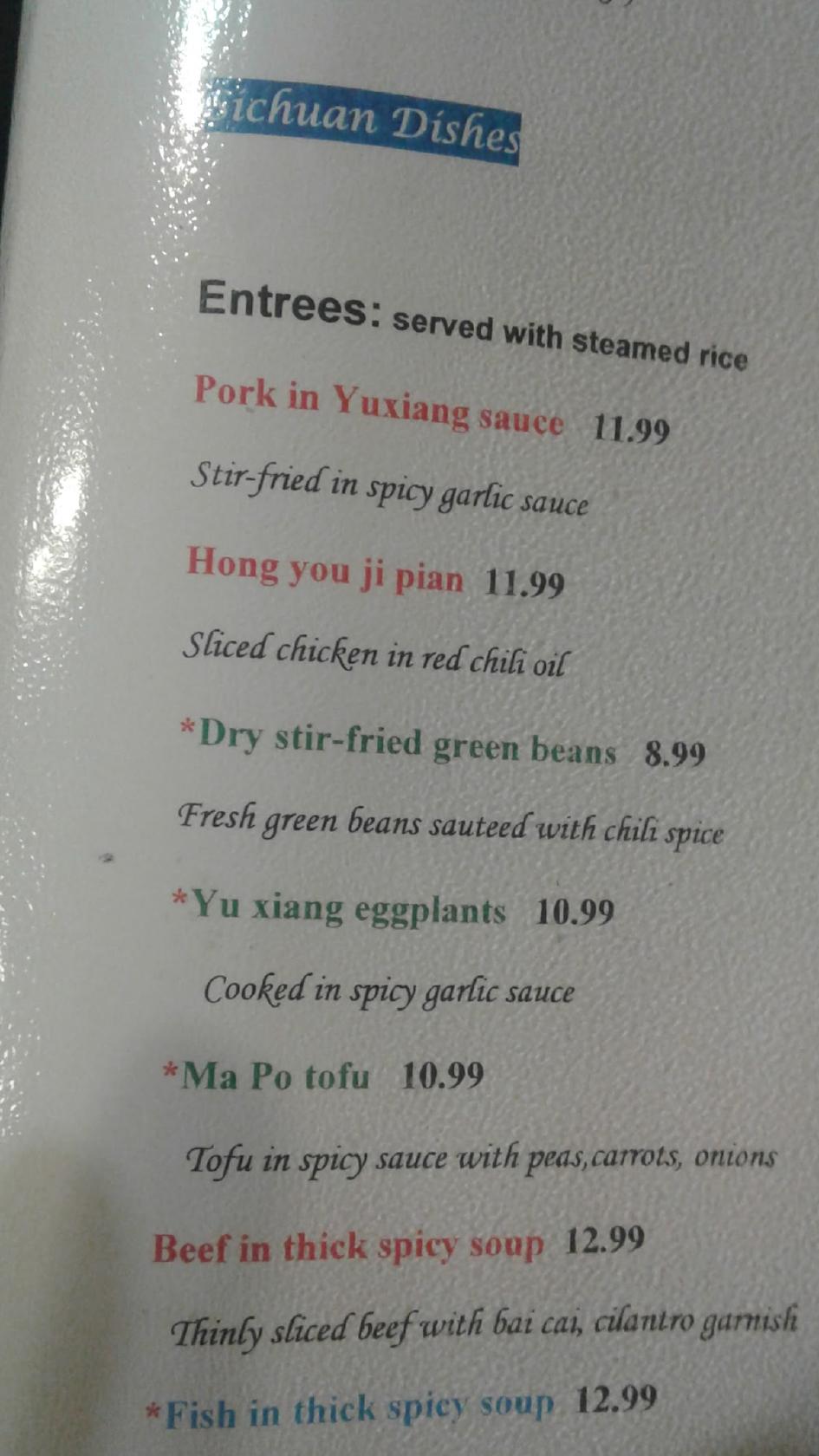 Menu at Dragon River restaurant, Bellingham
