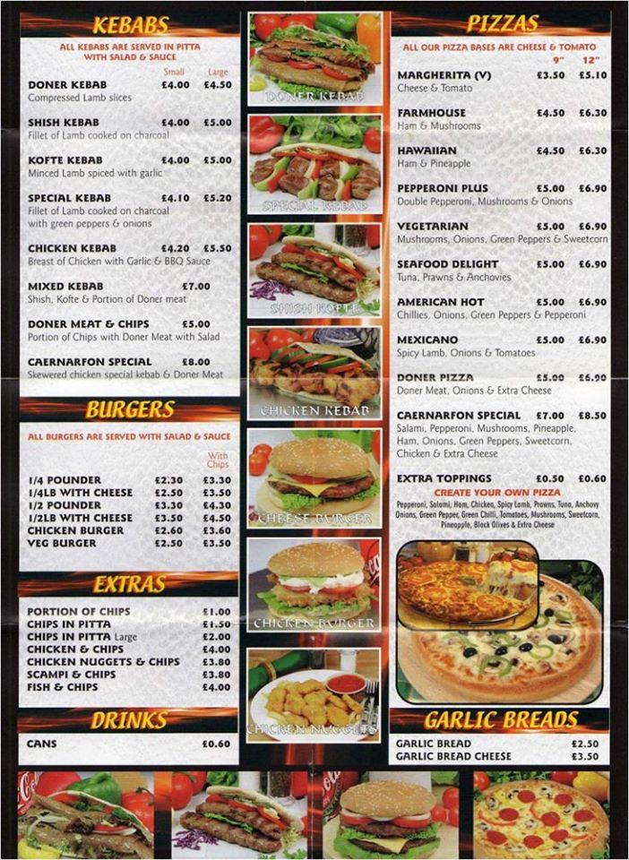 Menu at Caernarfon Kebab, Burger & Pizza House pizzeria, Caernarfon