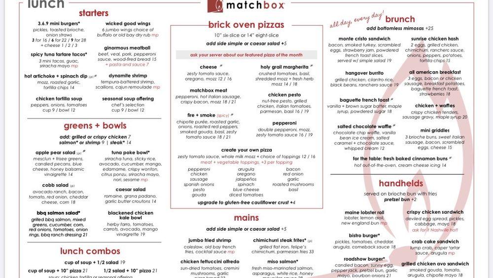 Menu at matchbox pizzeria, Reston