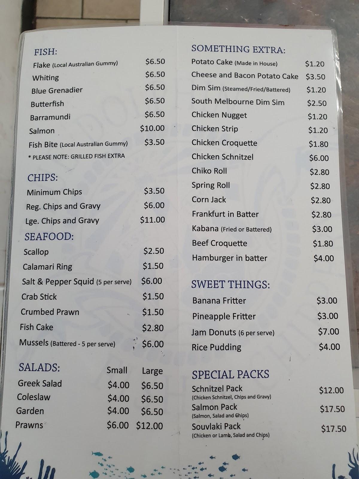 Menu at The Blue Dolphin fast food, Warragul