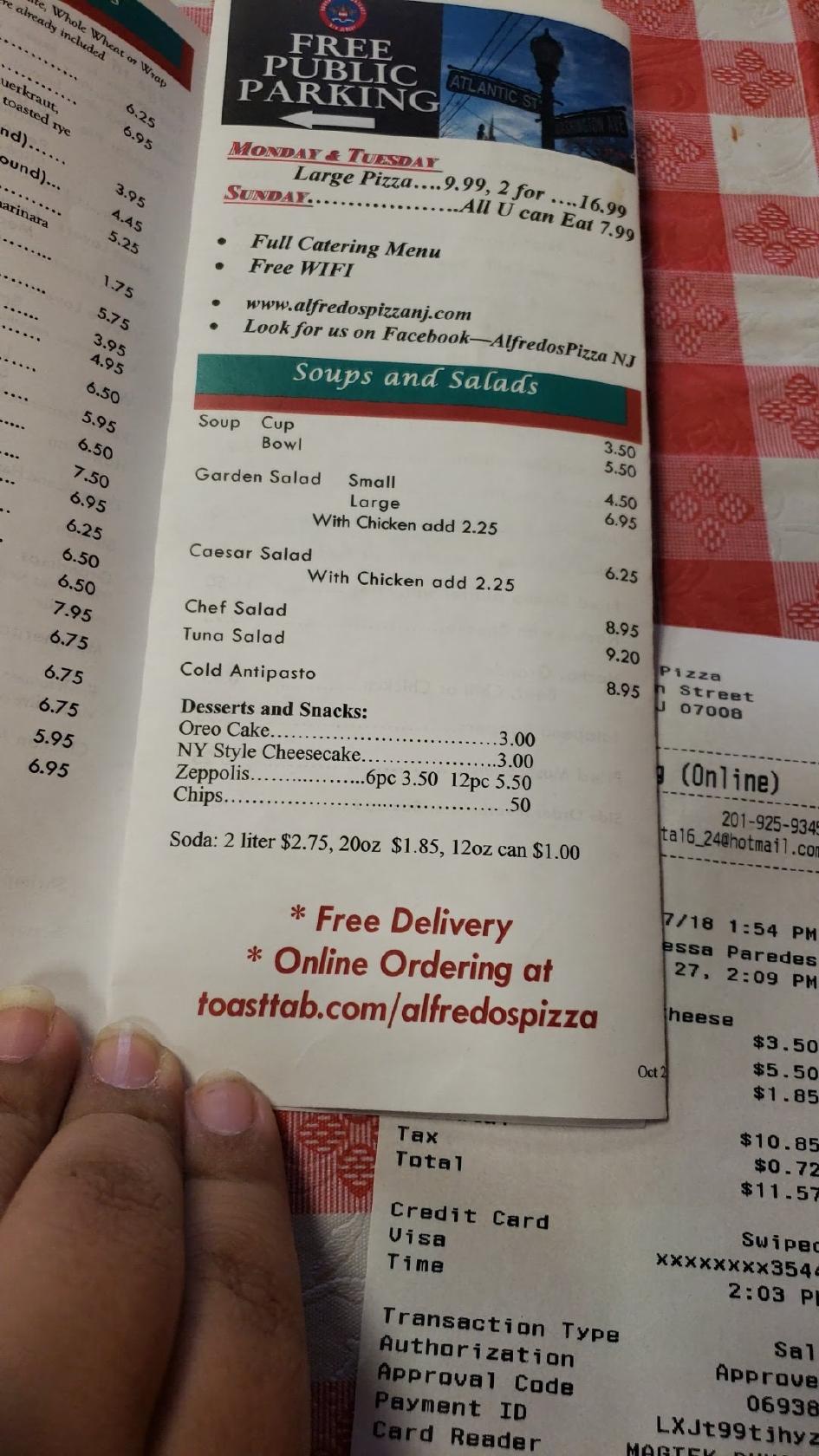 Menu at Alfredos pizzeria, Carteret, 36 Washington Ave