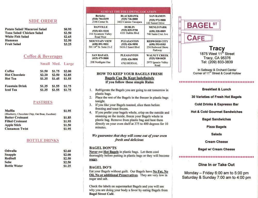 Menu at Bagel Street cafe, Tracy