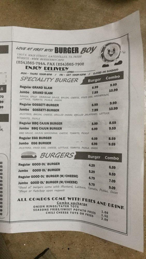 Menu at Burger Boy fast food, Gatesville