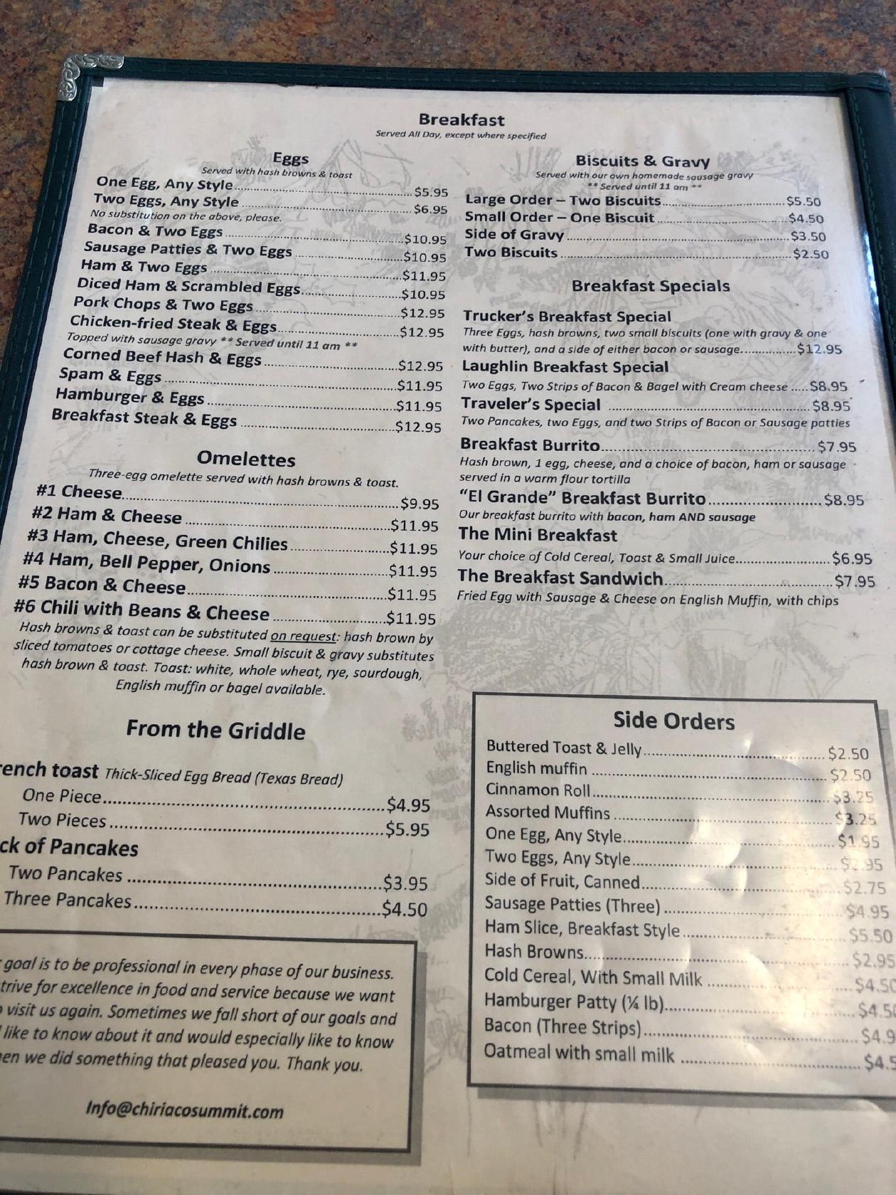 Menu at Chiriaco Summit Restaurant, Chiriaco Summit