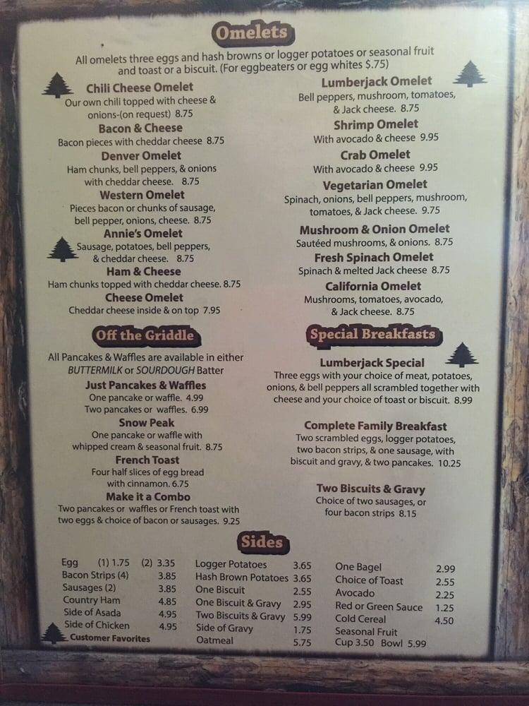Menu at Lumberjack Cafe, Big Bear