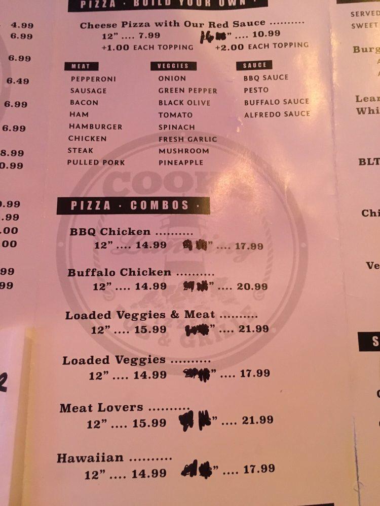 Menu at Cook's Landing Pizzeria & Pub,