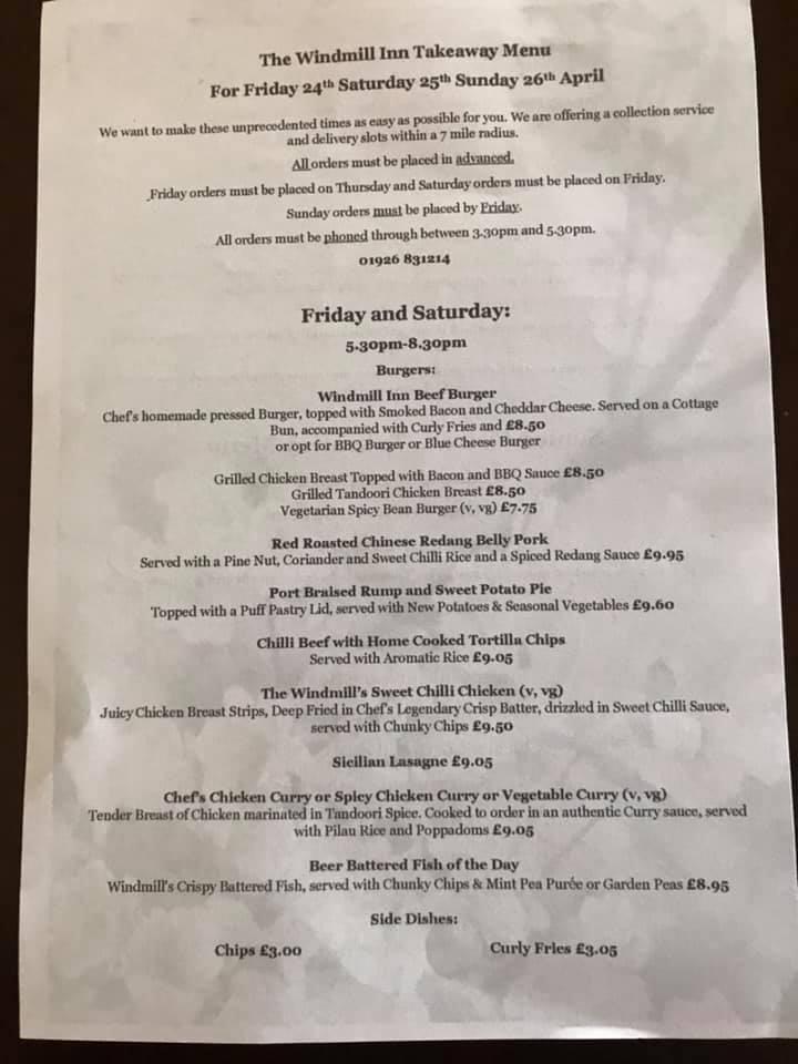 Menu at The Windmill Inn pub & bar, Royal Leamington Spa