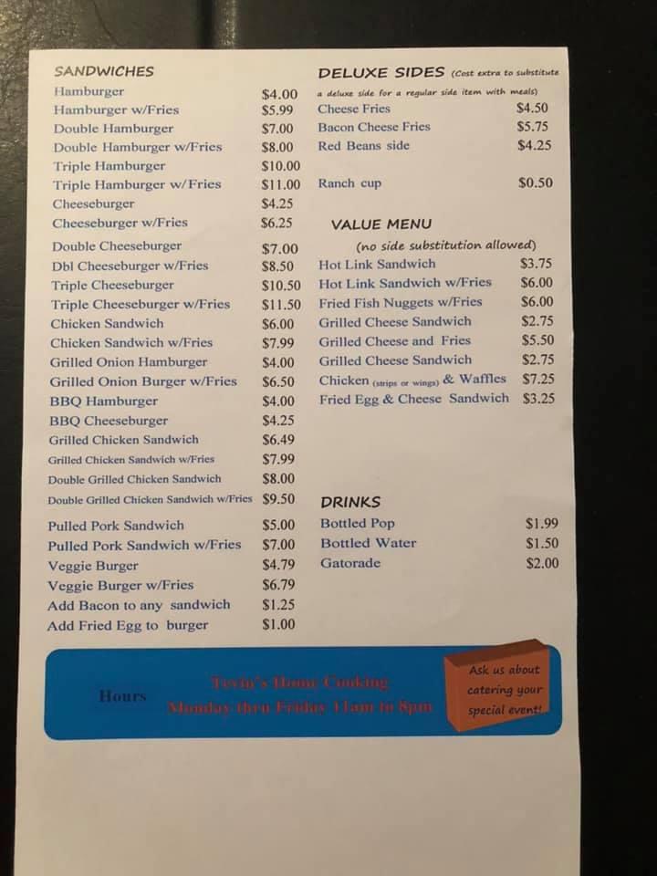 Menu at Tevin's Home Cooking restaurant, Langston