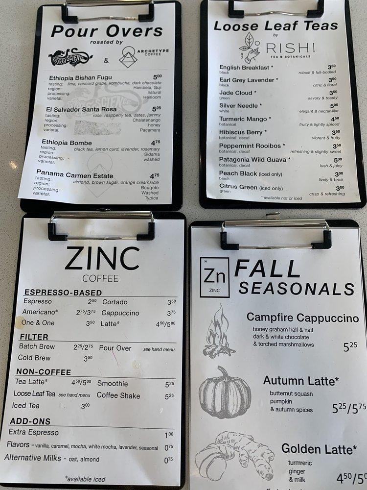 Menu at ZINC Coffee restaurant, Joplin