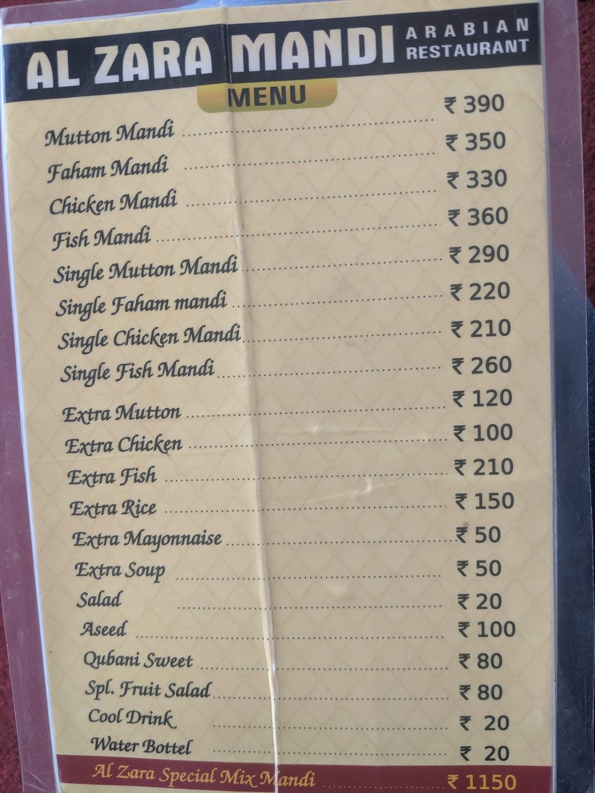 Menu At Al Zara Mandi Arabian Restaurant Hyderabad India