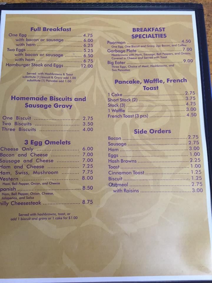 Menu at Tiger Hut Cafe, Laverne