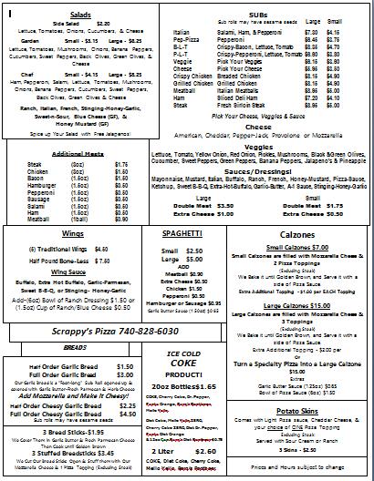 Menu at Scrappy's Pizza pizzeria, Frazeysburg