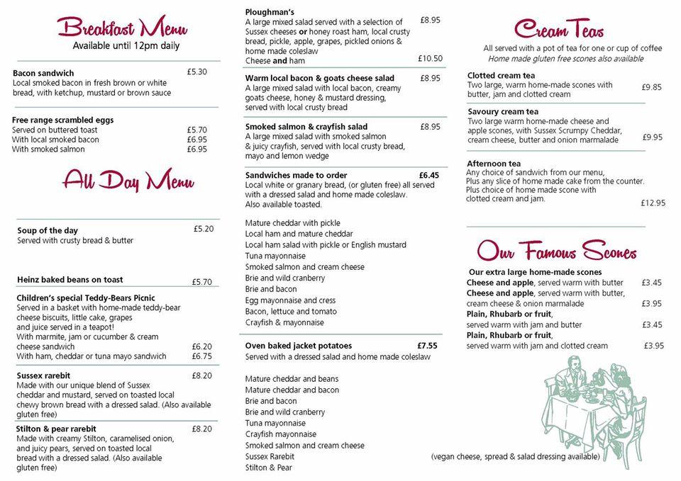 Menu at The Steyning Tearooms cafe, Steyning