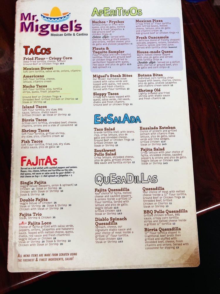 Carta del pub y bar Mr. Miguel's Mexican Grille & Cantina, Livonia