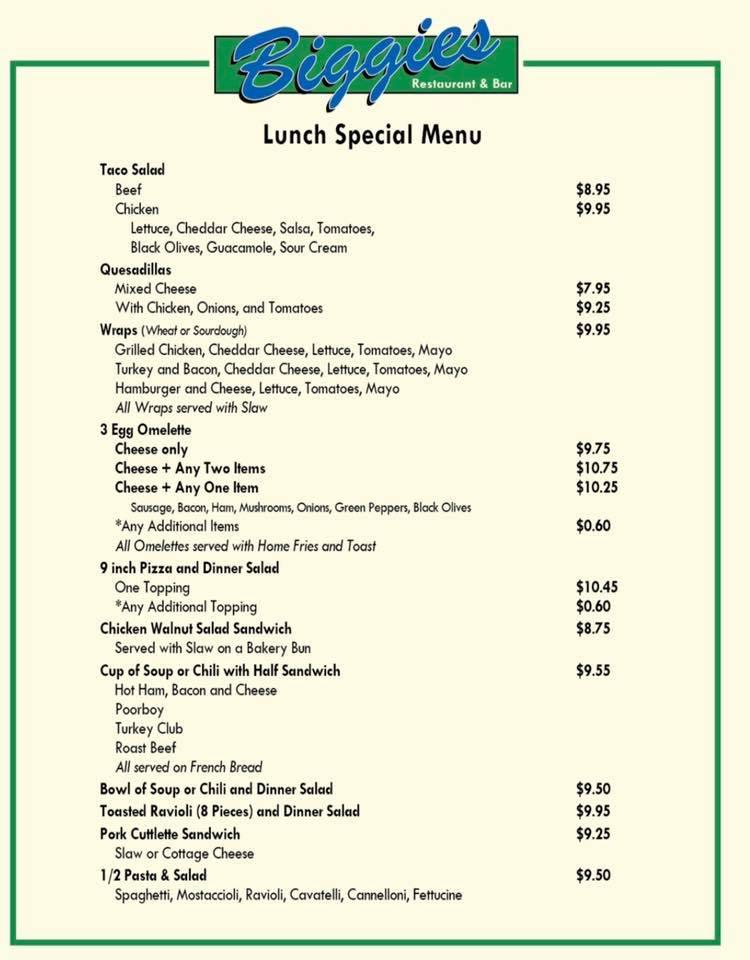 Menu at Biggie's Restaurant, St. Louis