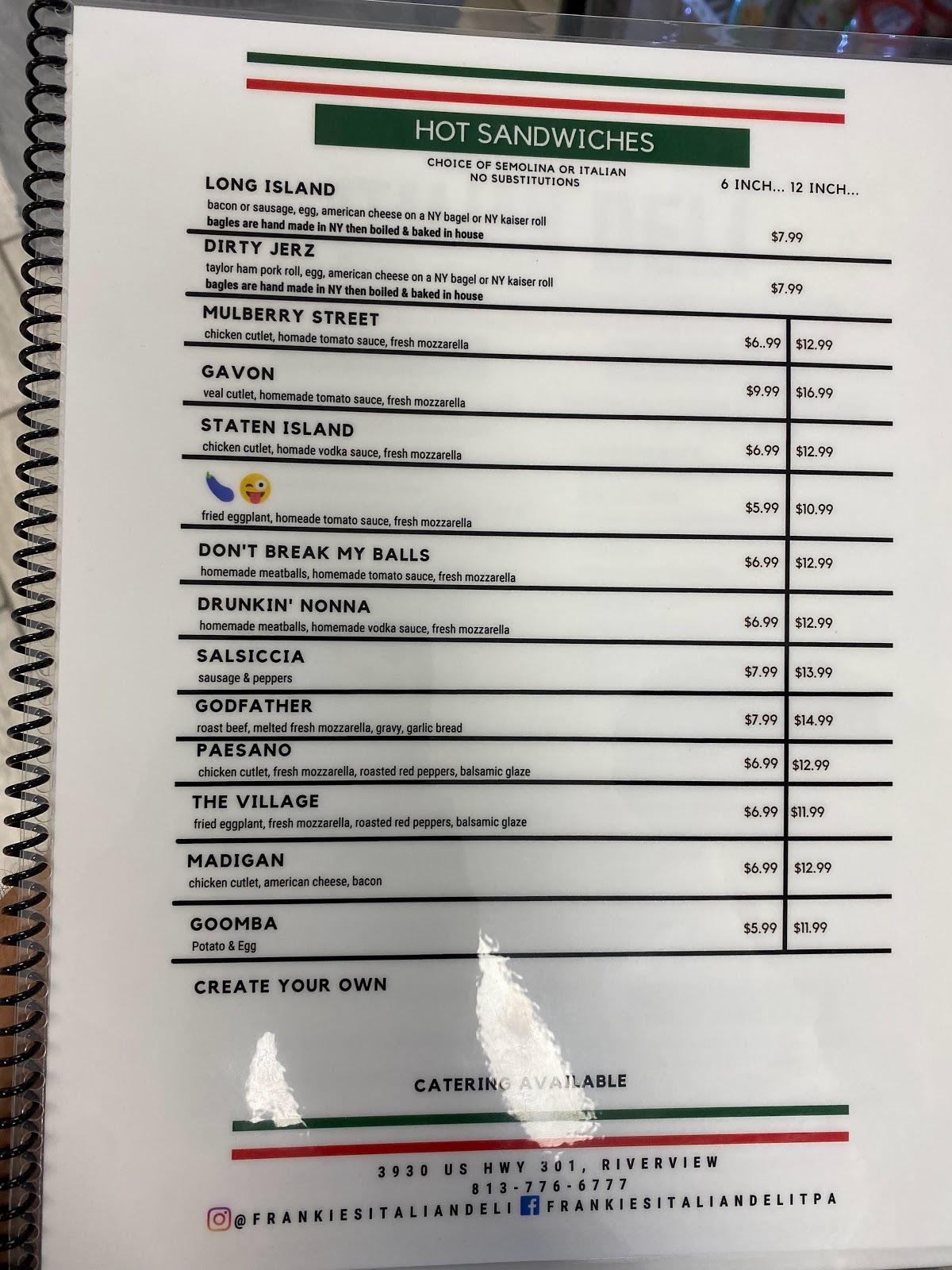 Menu at Frankie's Italian Deli Tpa restaurant, Riverview