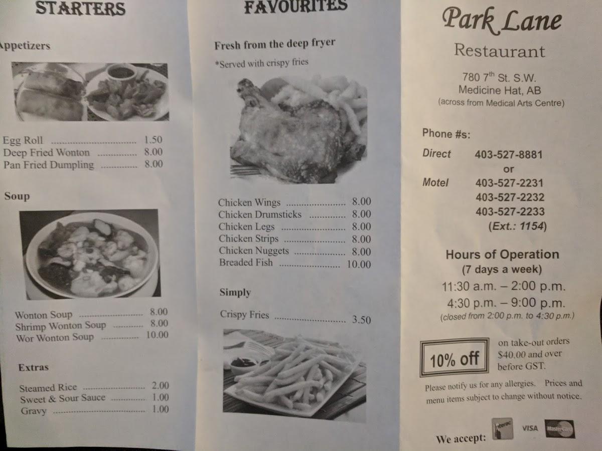 Menu at Park Lane Restaurant, Medicine Hat