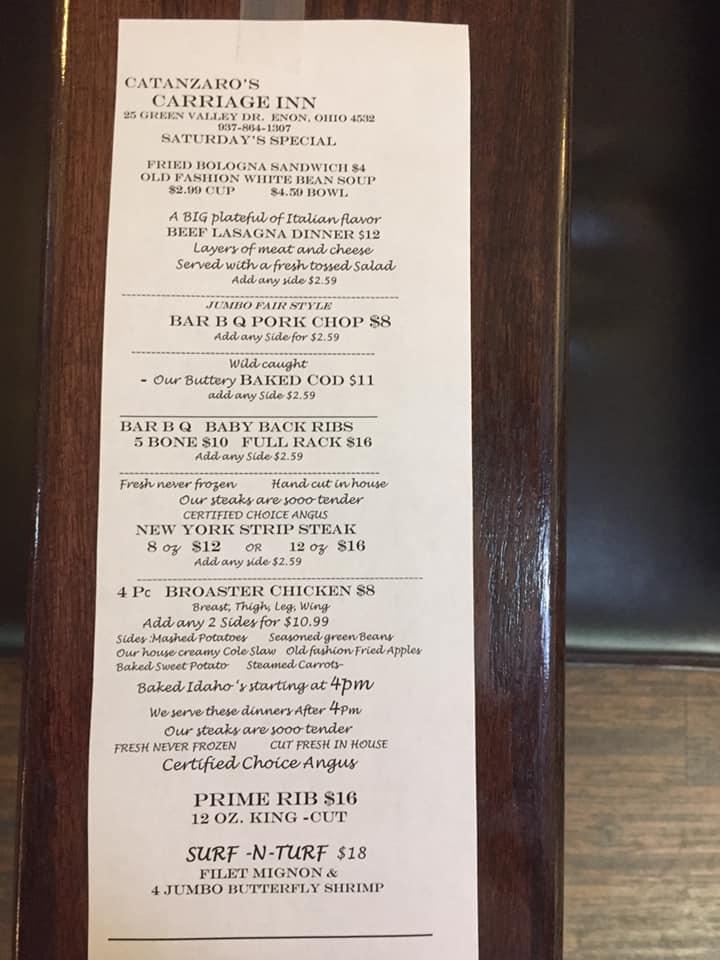 Menu at Carriage Inn Restaurant, Enon