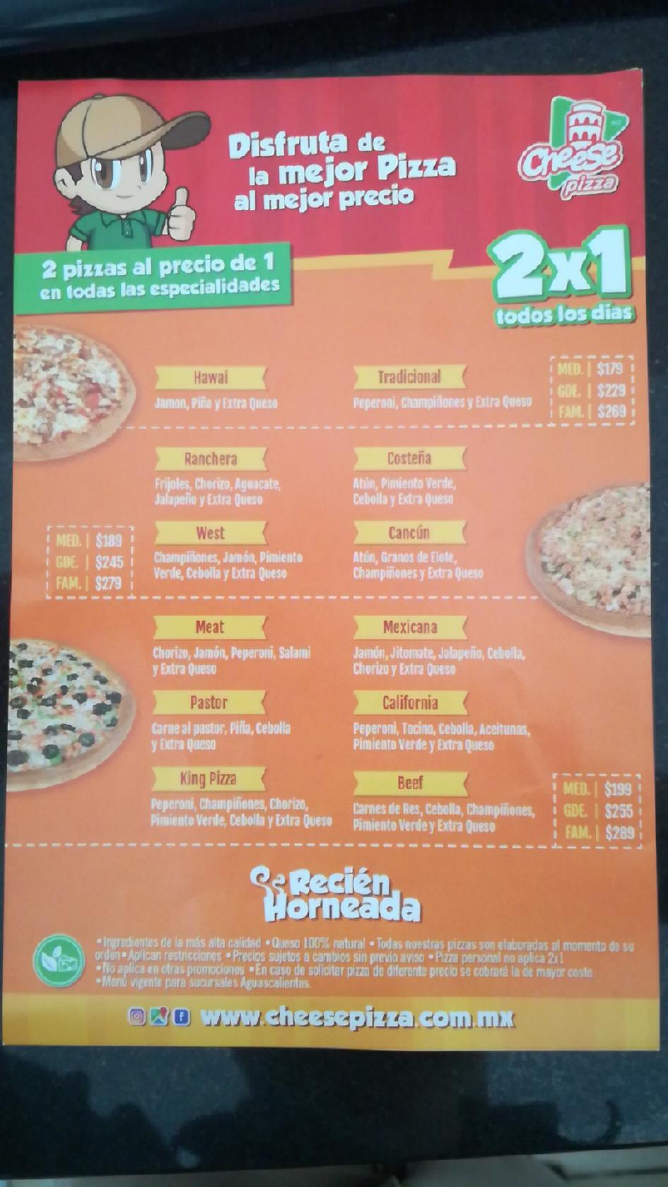 Carta del restaurante Cheese Pizza Paseos del Aguascalientes, Paseos