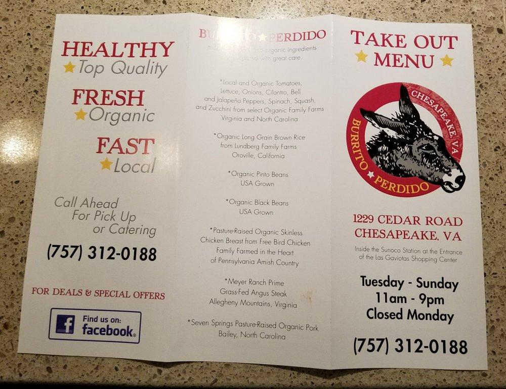 Menu at Burrito Perdido restaurant, Chesapeake